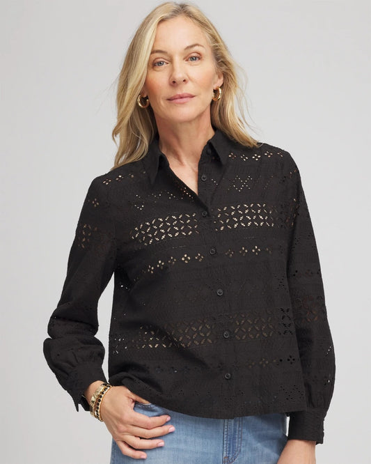 Chico's Women | Embroidered Eyelet Collared Shirt BLACK