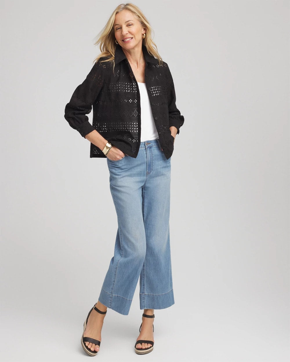 Chico's Women | Embroidered Eyelet Collared Shirt BLACK