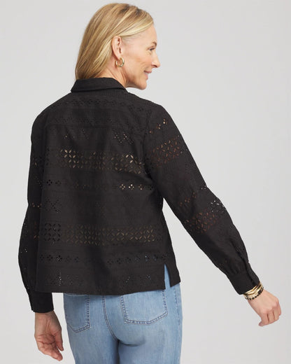 Chico's Women | Embroidered Eyelet Collared Shirt BLACK