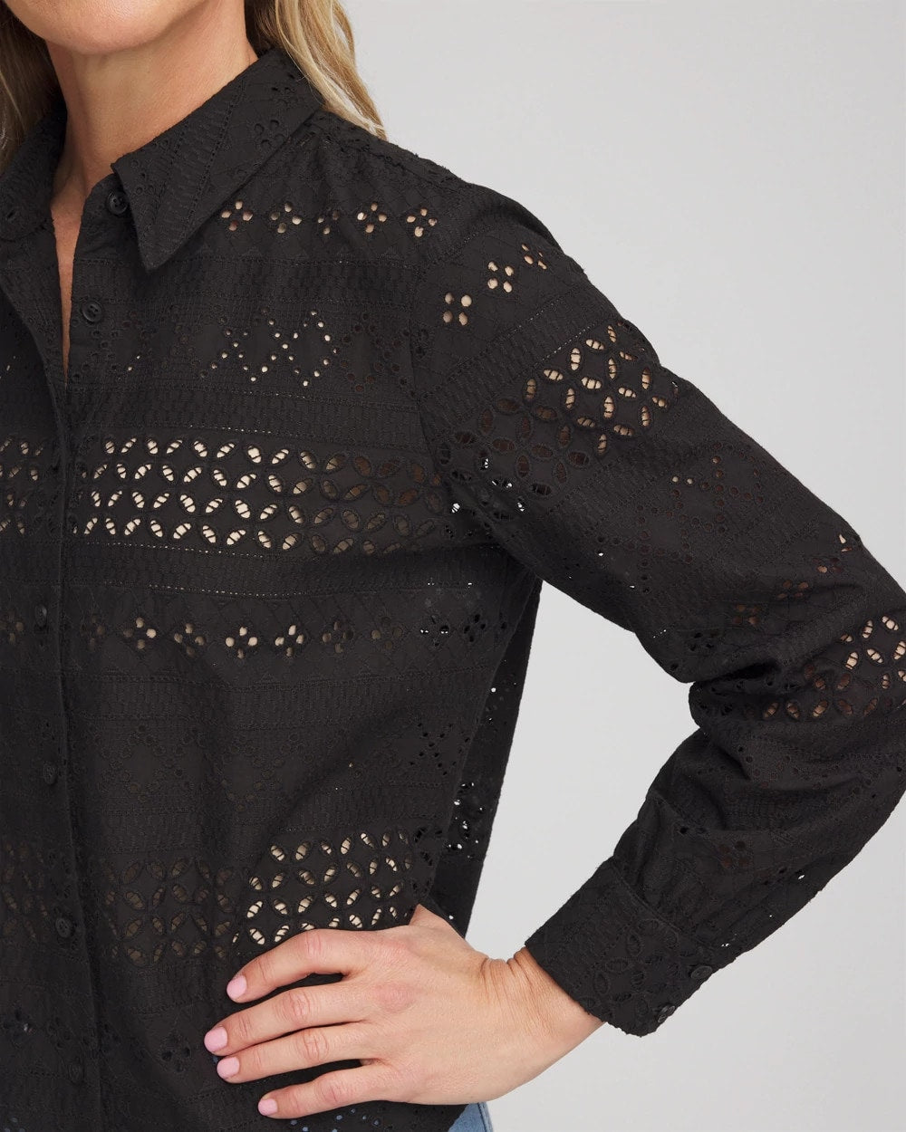 Chico's Women | Embroidered Eyelet Collared Shirt BLACK