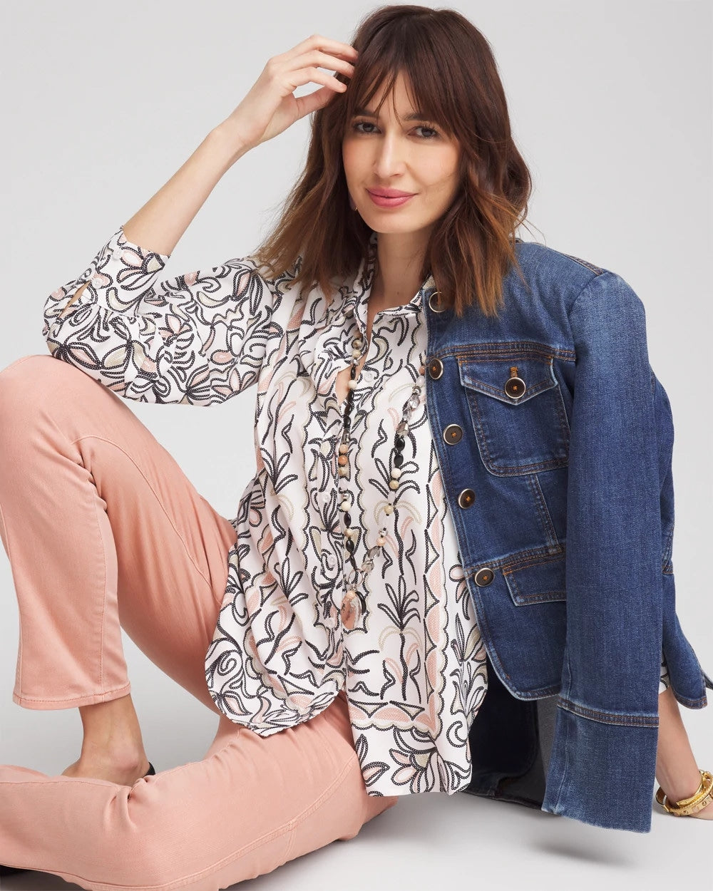 Chico's Women | Faux Silk Floral Collared Shirt FRENCH BLUSH