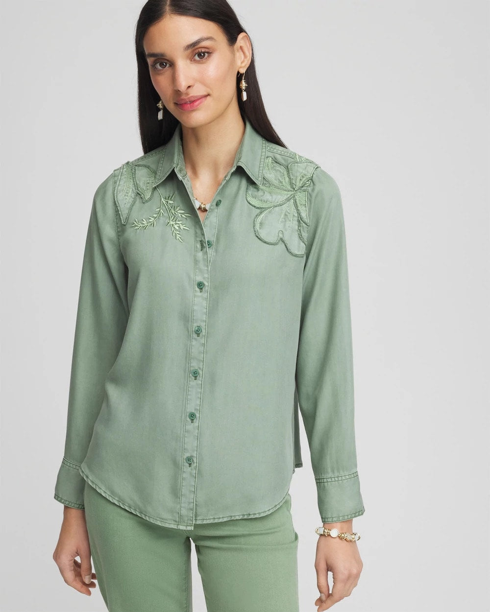 Chico's Women | Embellished Lyocell Tencel™ Collared Shirt MINERAL GREEN