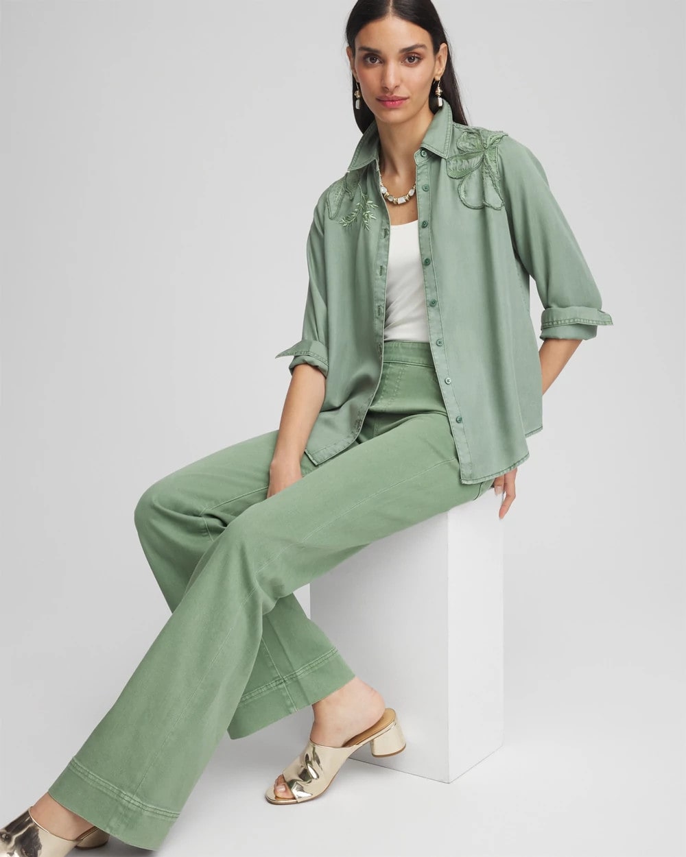 Chico's Women | Embellished Lyocell Tencel™ Collared Shirt MINERAL GREEN