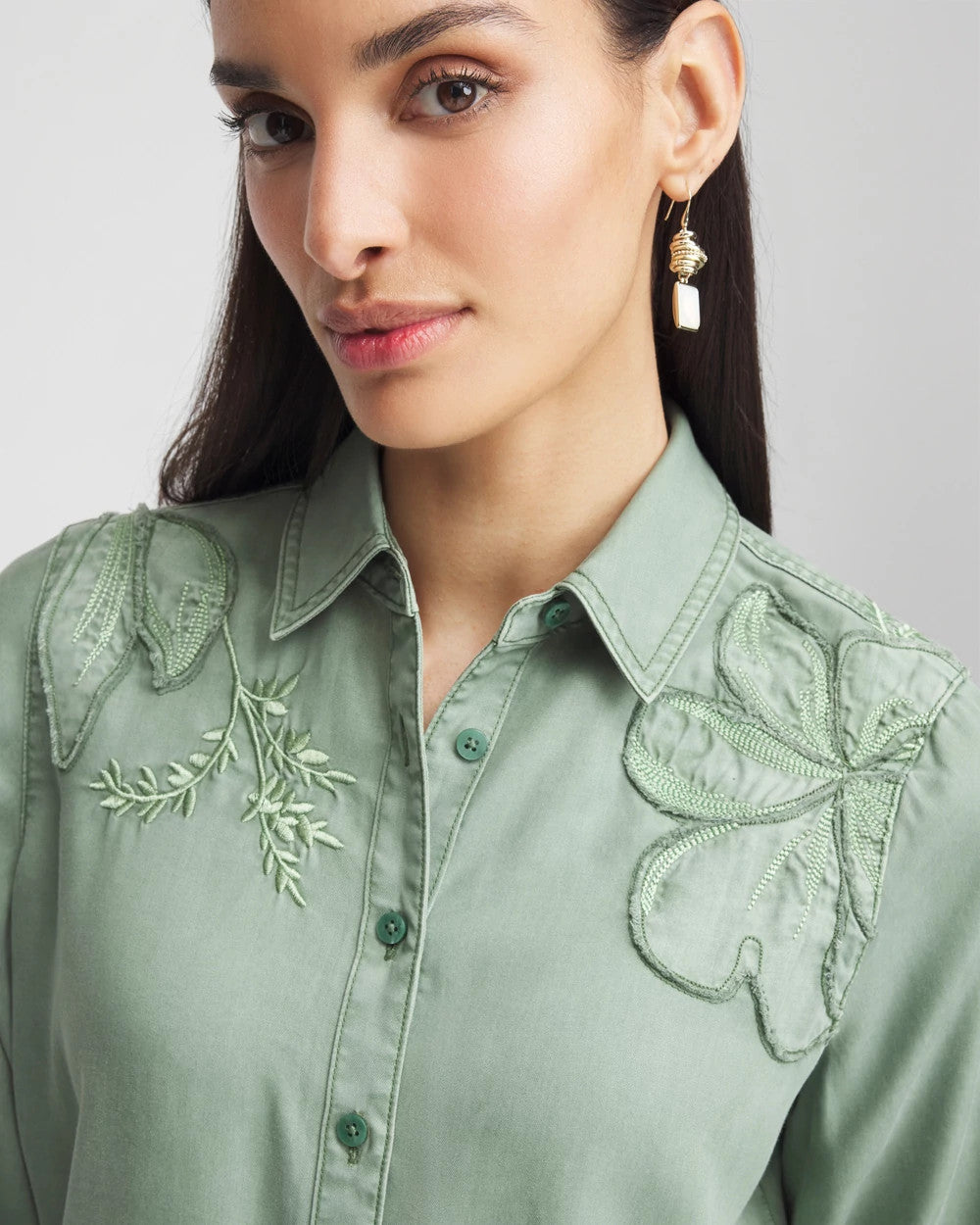 Chico's Women | Embellished Lyocell Tencel™ Collared Shirt MINERAL GREEN