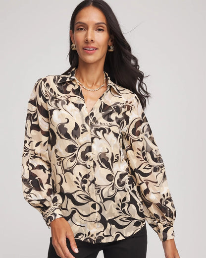 Chico's Women | Floral Burnout Blouson-Sleeve Blouse BLACK