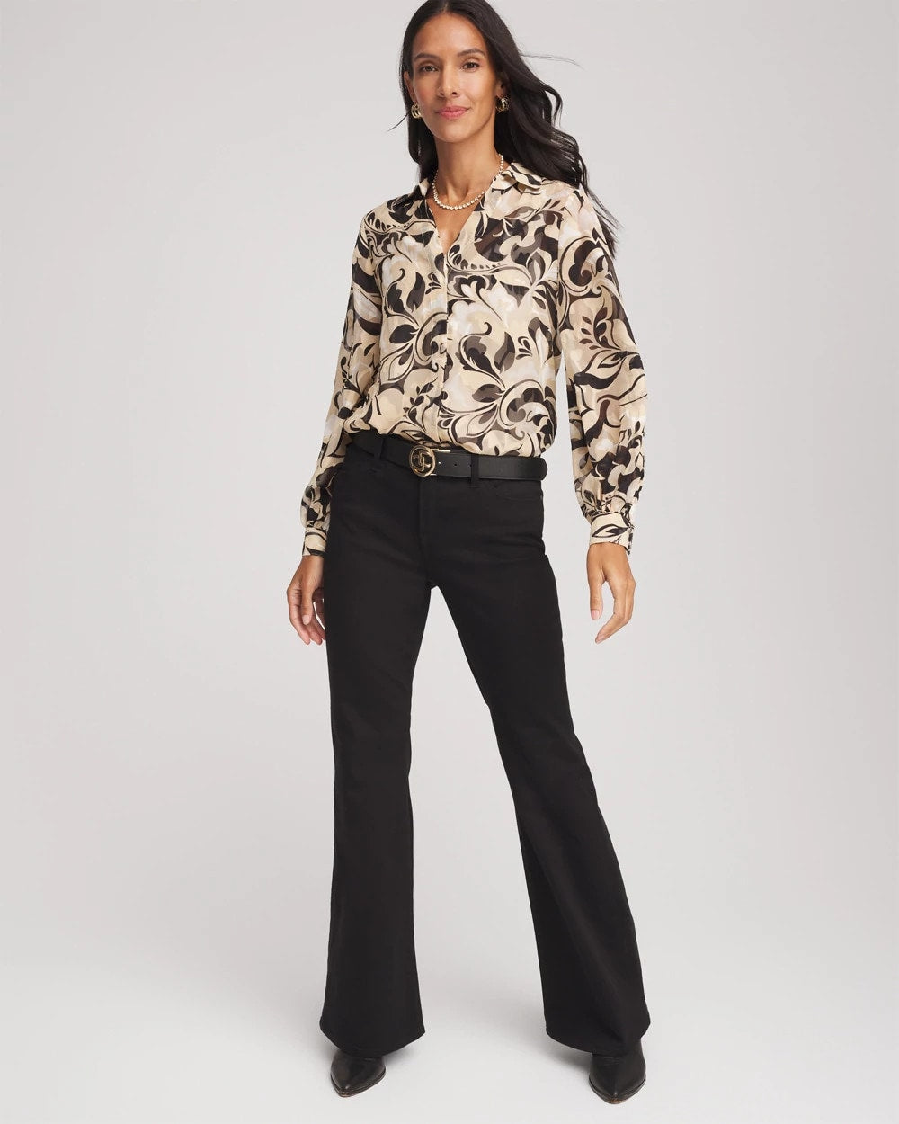 Chico's Women | Floral Burnout Blouson-Sleeve Blouse BLACK