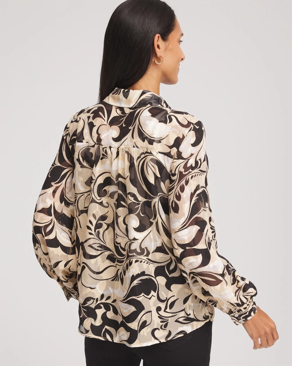 Chico's Women | Floral Burnout Blouson-Sleeve Blouse BLACK