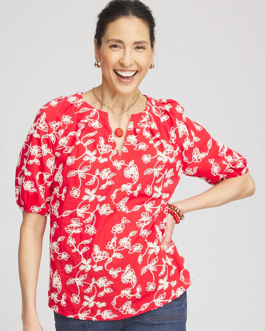 Chico's Women | Floral Embroidered Cotton Peasant Blouse