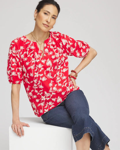 Chico's Women | Floral Embroidered Cotton Peasant Blouse