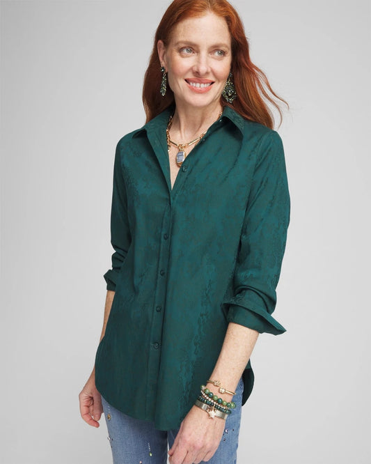 Chico's Women | No Iron™ Green Jacquard Shirt ENCHANTED FOREST