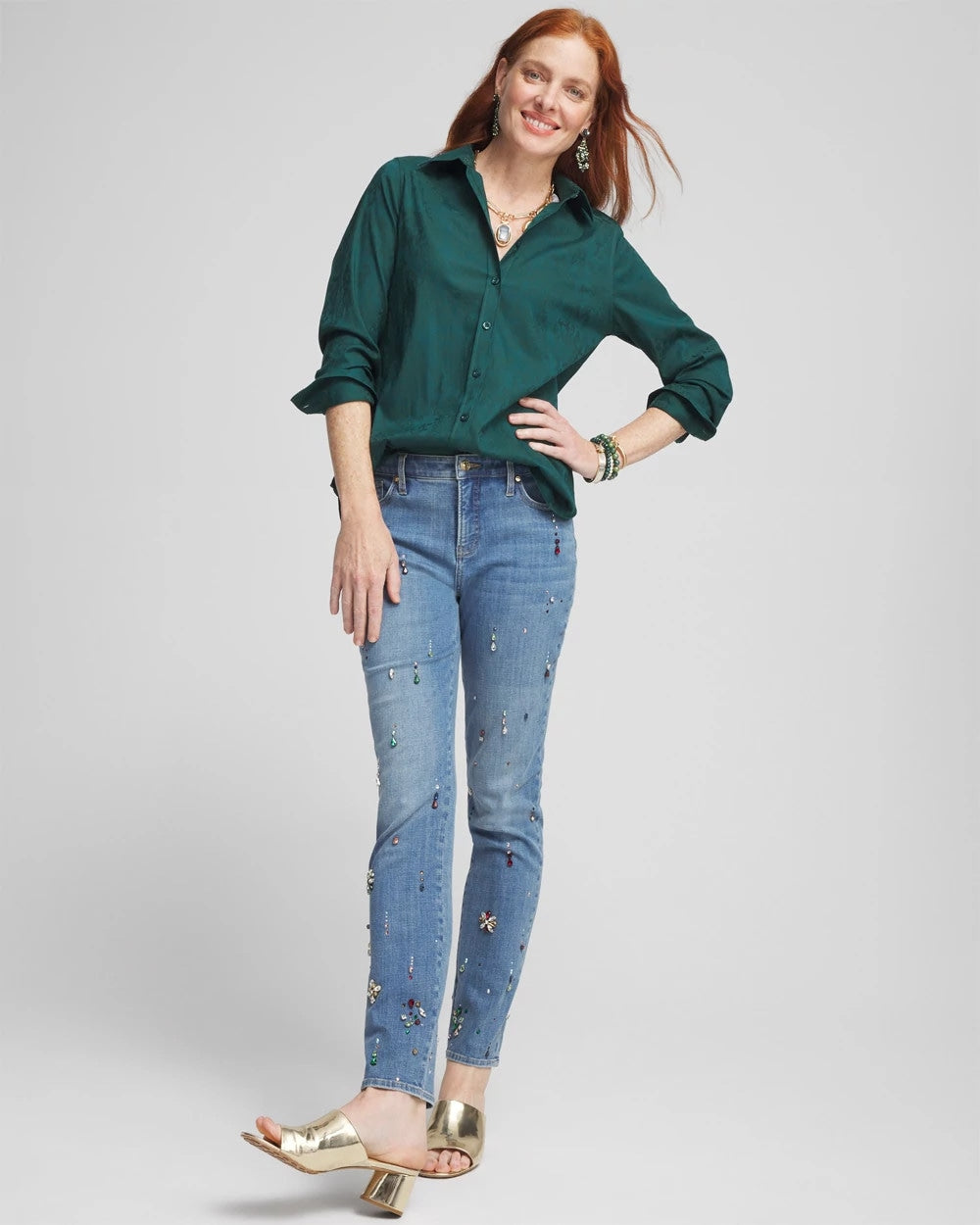 Chico's Women | No Iron™ Green Jacquard Shirt ENCHANTED FOREST