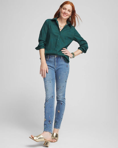 Chico's Women | No Iron™ Green Jacquard Shirt ENCHANTED FOREST