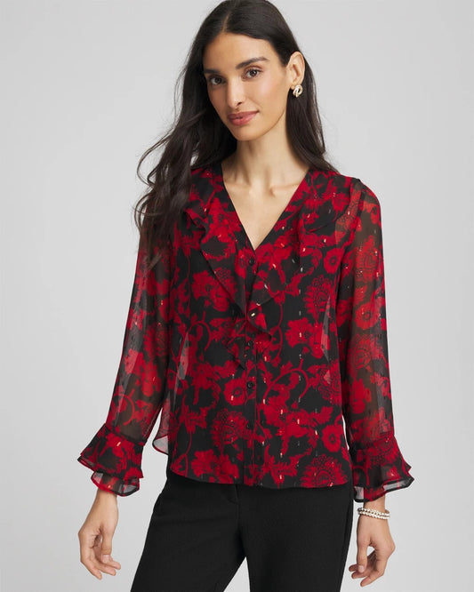 Chico's Women | Georgette Clip Dot Ruffle Blouse CARMINE RED