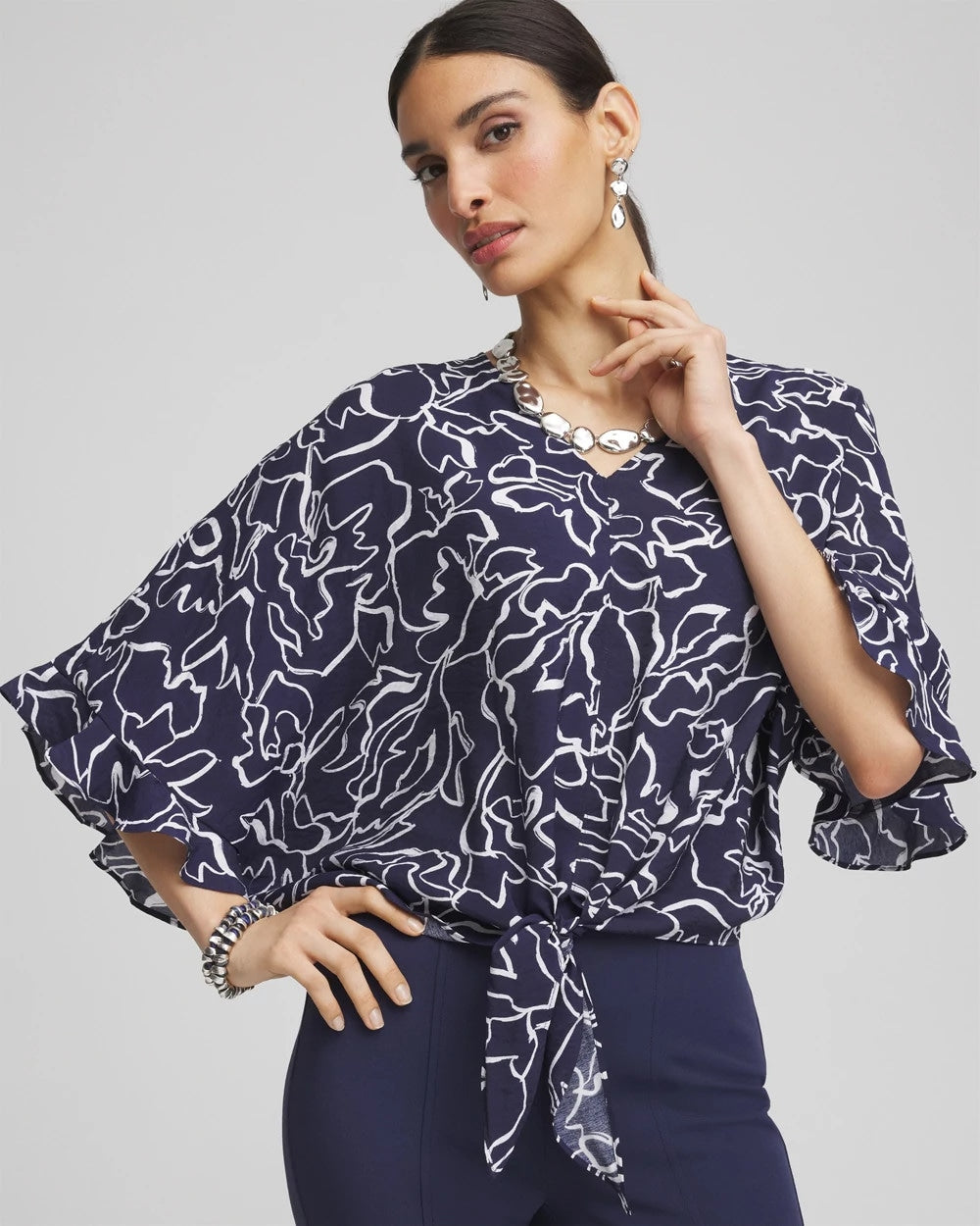 Chico's Women | Ecovero™ Tie-Front Frill Sleeve Blouse PASSPORT BLUE