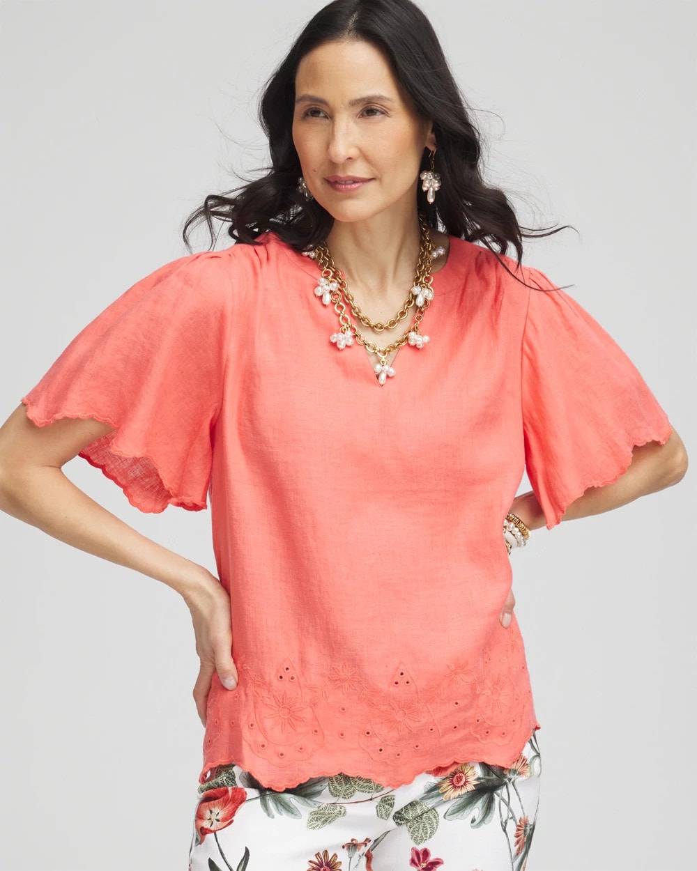 Chico's Women | Linen Embroidered Hem Blouse MELON MAMBO