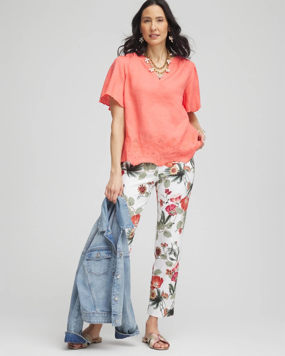 Chico's Women | Linen Embroidered Hem Blouse MELON MAMBO