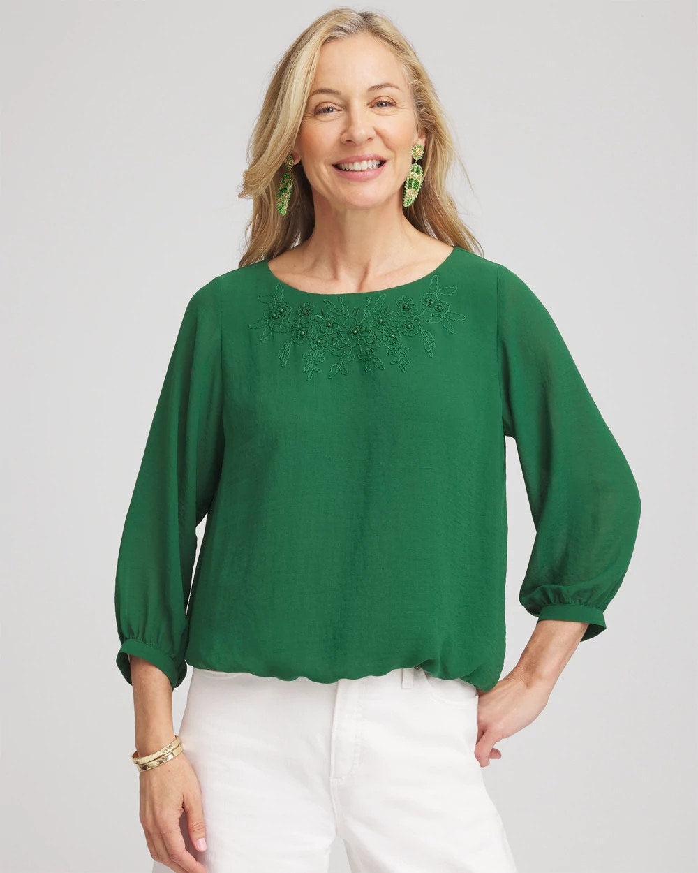 Chico's Women | Embroidered Crinkle Chiffon Blouse PALM LEAF