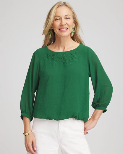 Chico's Women | Embroidered Crinkle Chiffon Blouse PALM LEAF