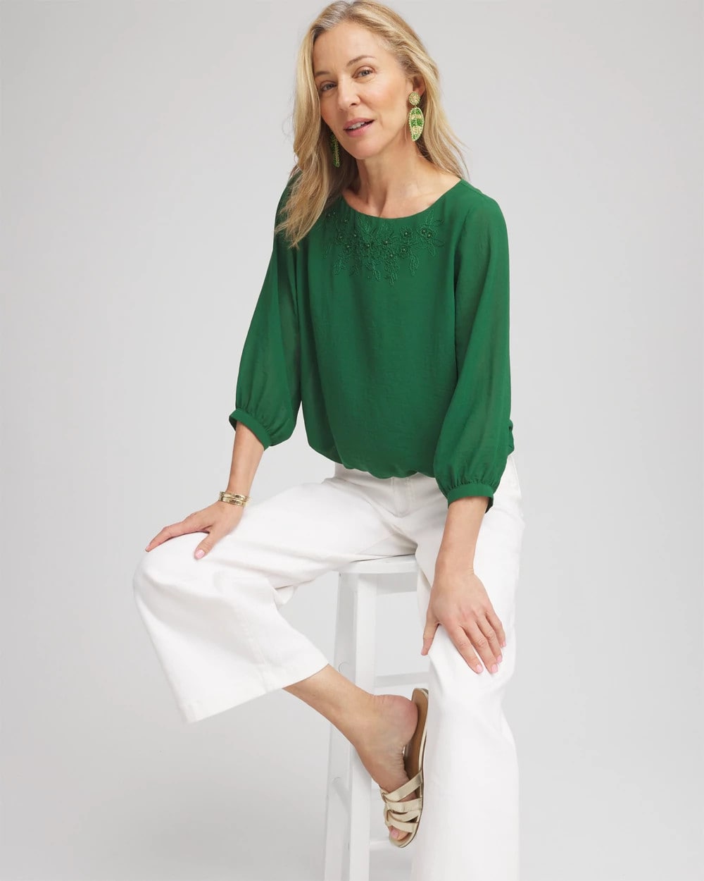 Chico's Women | Embroidered Crinkle Chiffon Blouse PALM LEAF