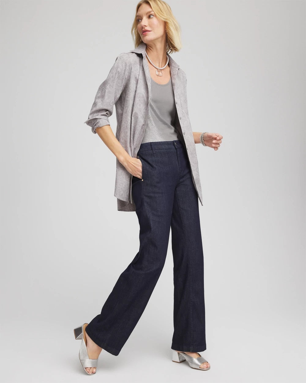 Chico's Women | No Iron™ Lace Jacquard Stretch Tunic MOON SHADE GRAY