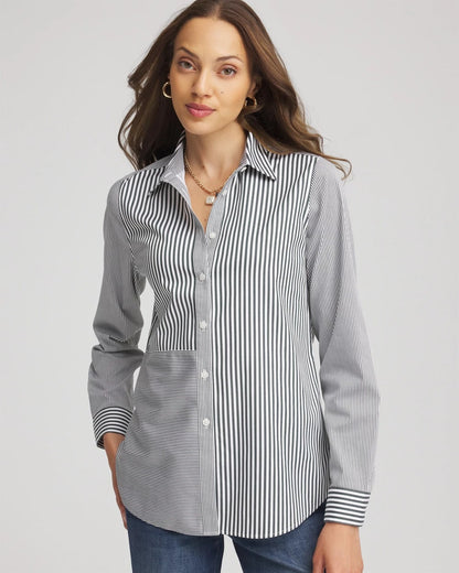 Chico's Women | No Iron™ Colorblock Striped Shirt DARKEST SPRUCE