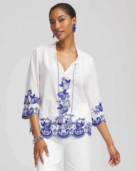 Chico's Women | Embroidered Tassel Tie-Front Blouse RICH COBALT