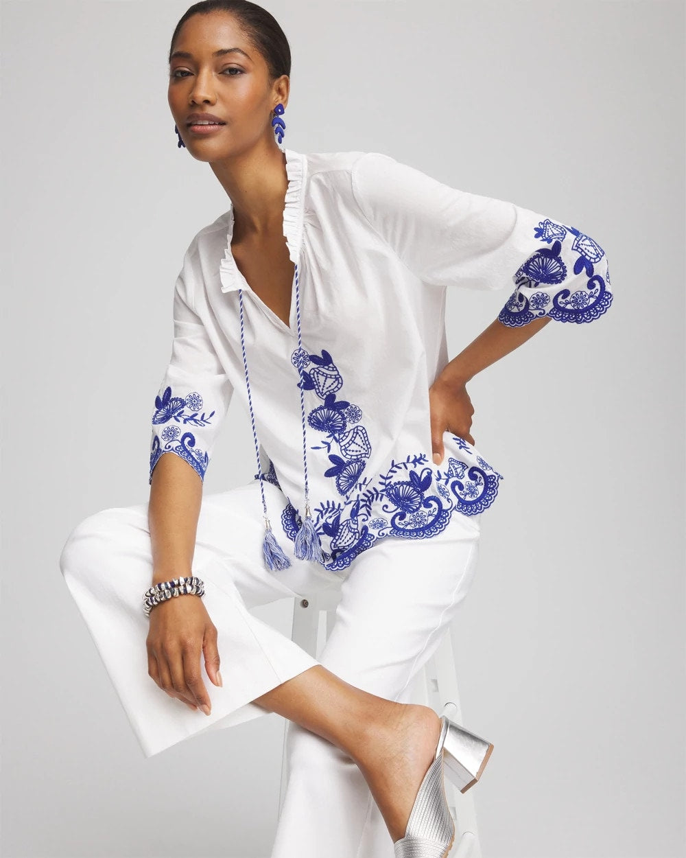 Chico's Women | Embroidered Tassel Tie-Front Blouse RICH COBALT