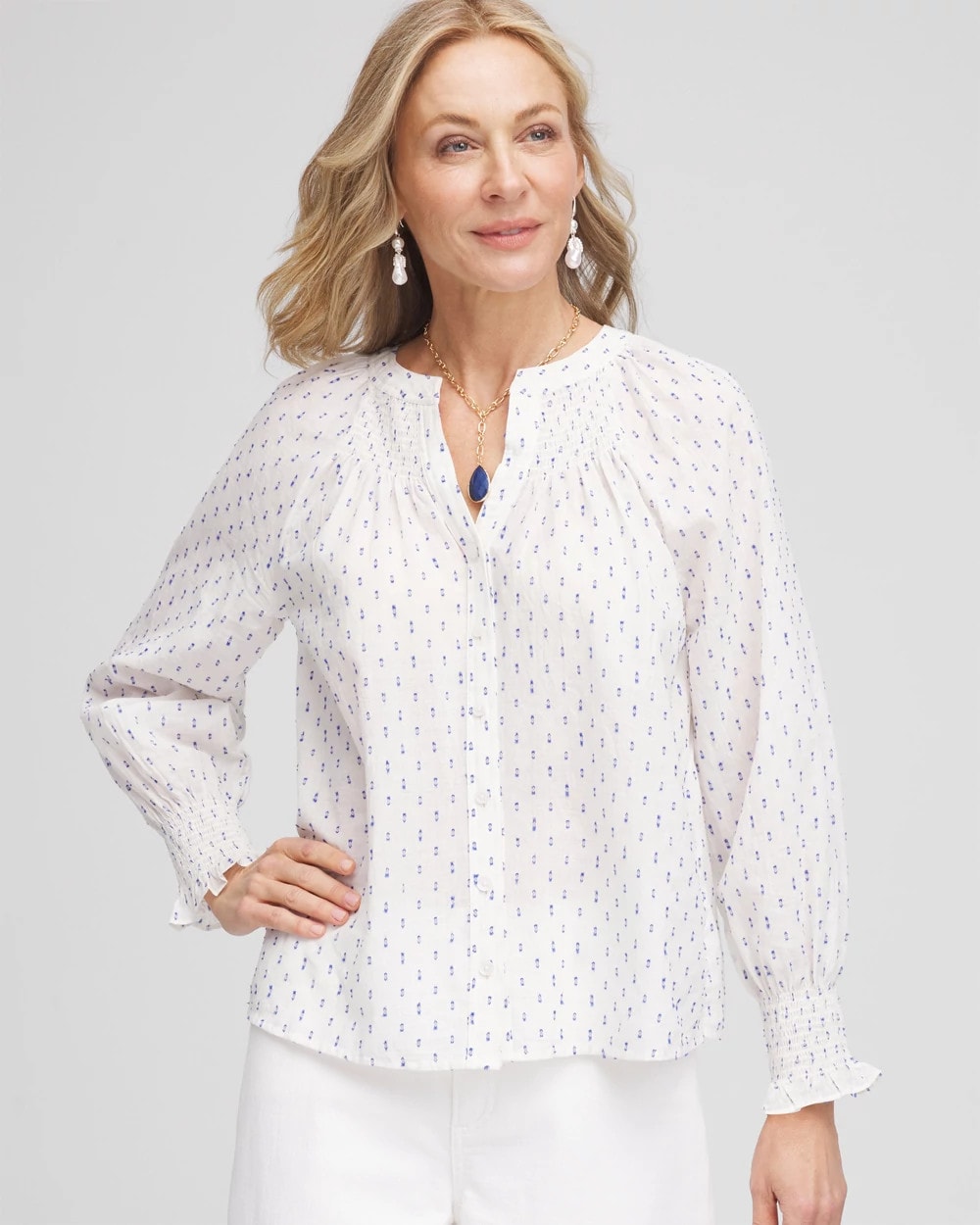 Chico's Women | Smocked Split-neck Blouse BLUE CASA