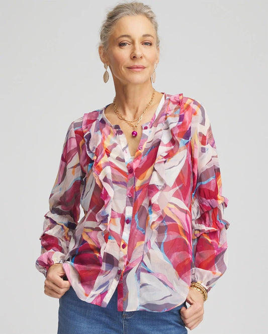 Chico's Women | Abstract Ruffles Crinkle Blouse SWEET BERRY