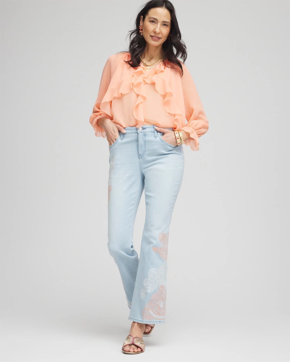 Chico's Women | Georgette Sheer Ruffle Blouse CORAL BLOSSOM