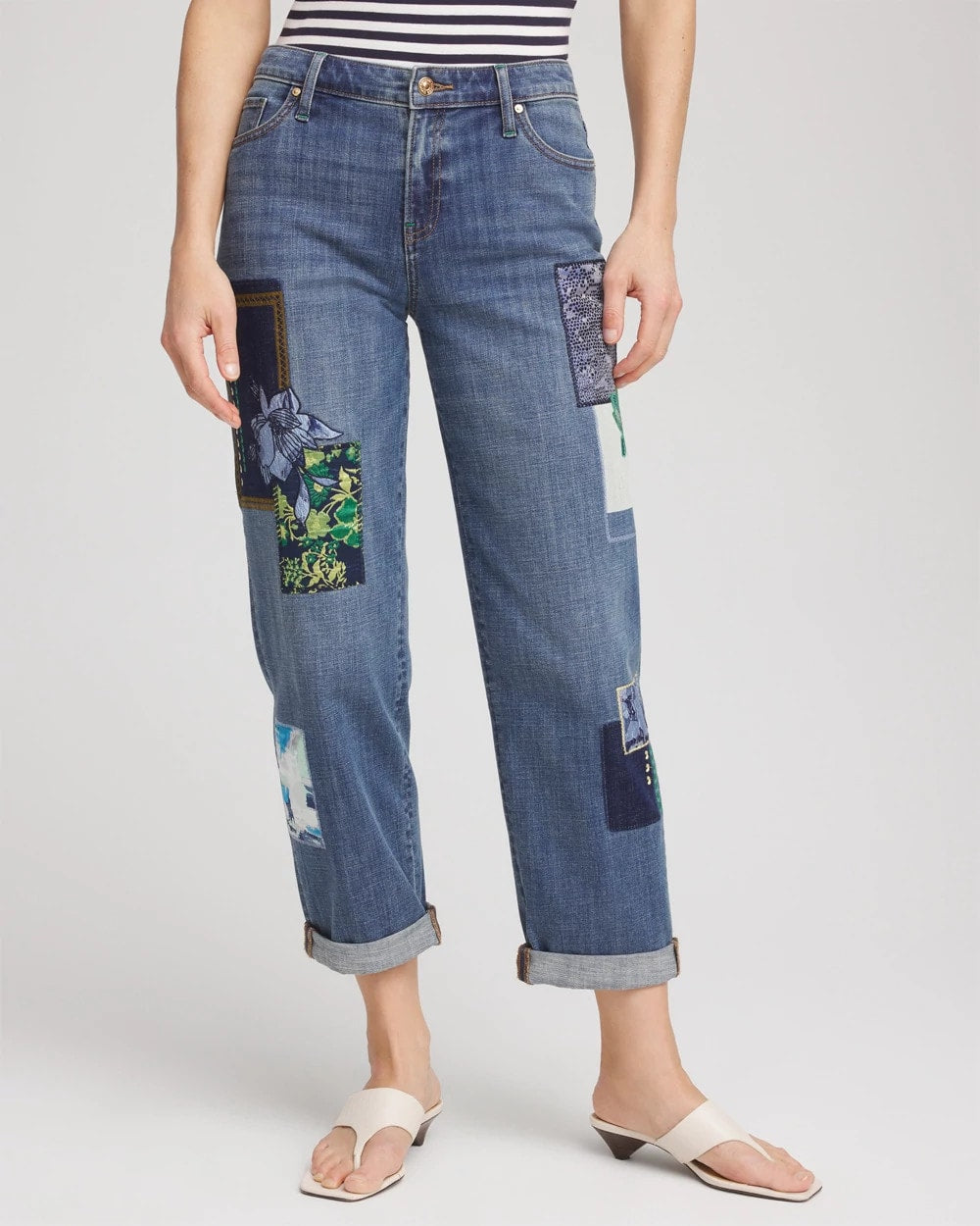 Chico's Women | Boyfriend Patchwork Cropped Jeans WHIMSICAL INDIGO