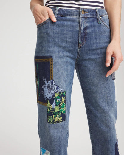 Chico's Women | Boyfriend Patchwork Cropped Jeans WHIMSICAL INDIGO