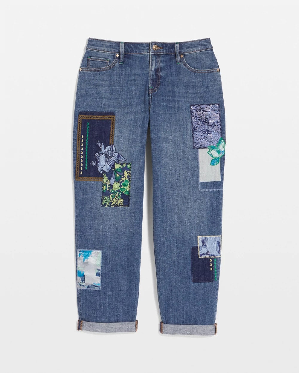 Chico's Women | Boyfriend Patchwork Cropped Jeans WHIMSICAL INDIGO
