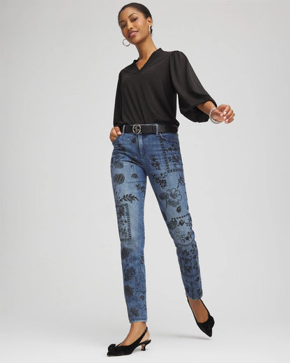 Chico's Women | Mixed-Media Girlfriend Slim Ankle Jeans EMILIA INDIGO