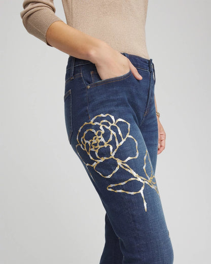 Chico's Women | Sequins Rose Girlfriend Slim-Leg Jeans SEQUOIA INDIGO