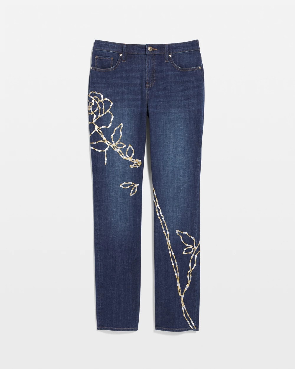 Chico's Women | Sequins Rose Girlfriend Slim-Leg Jeans SEQUOIA INDIGO