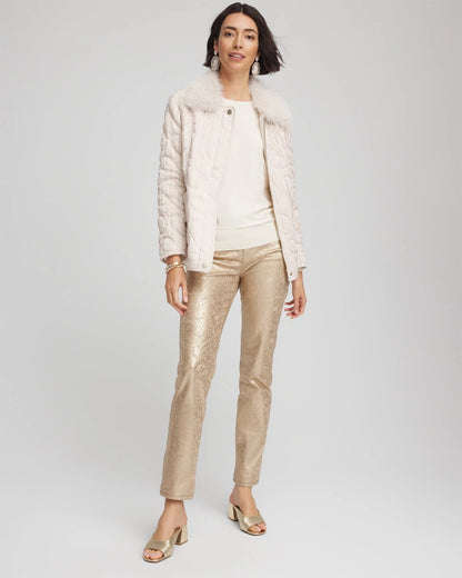 Chico's Women | Girlfriend Slim Ankle Foiled Lace Jeans CHAMPAGNE FIZZ