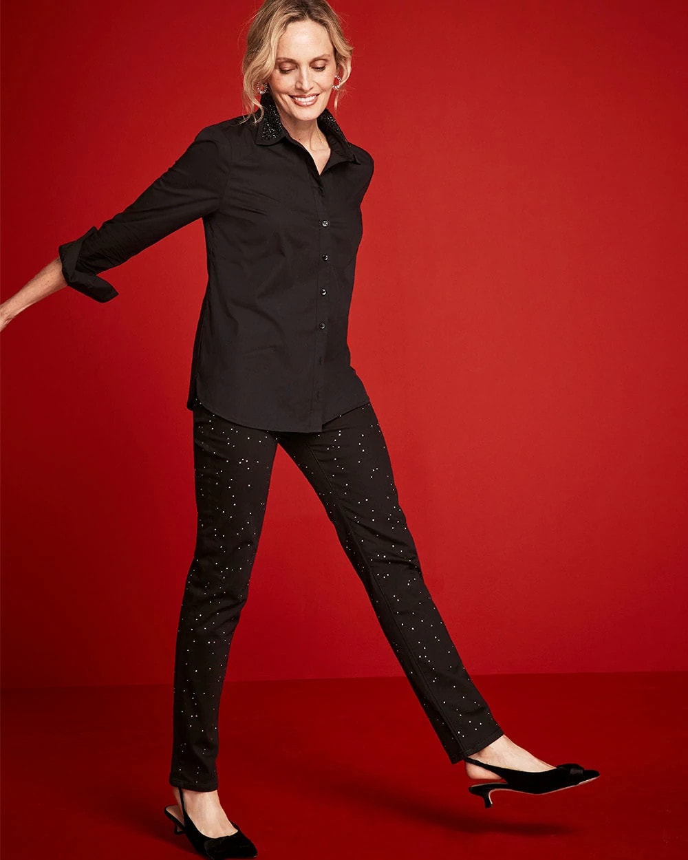 Chico's Women | Stone Embellished Girlfriend Slim Ankle Jeans BLACK