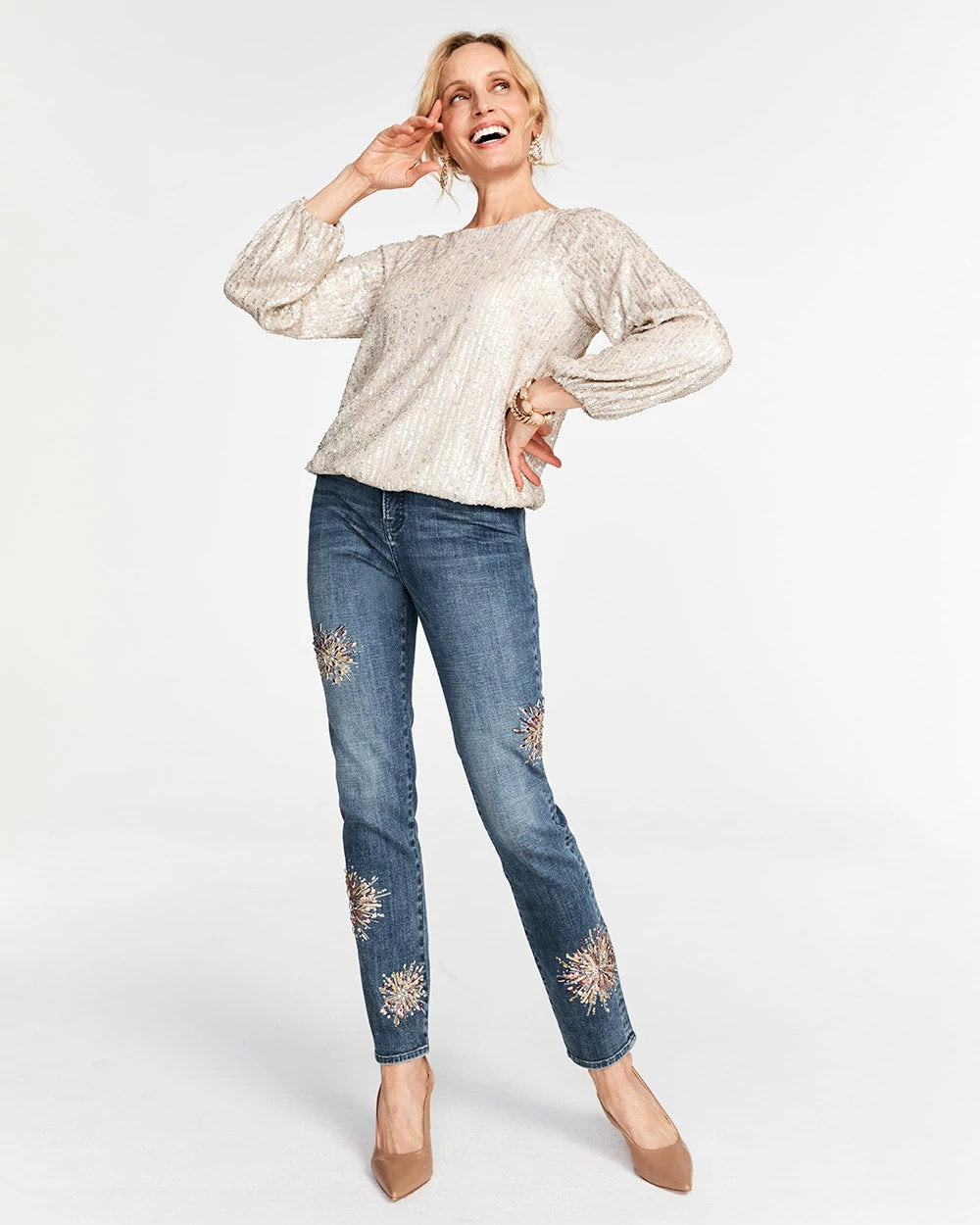 Chico's Women | Embellished Starbursts Girlfriend Slim Ankle Jeans BRILLIANT BLUE INDIGO