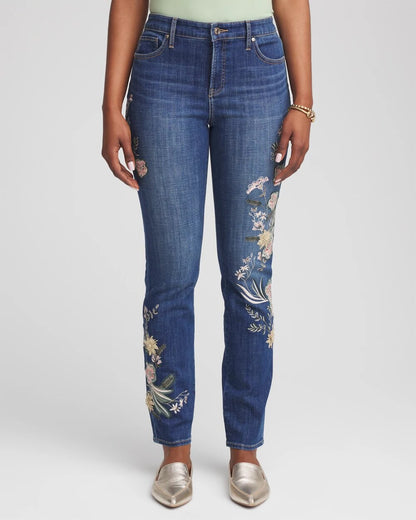 Chico's Women | Appliqué Girlfriend Slim Ankle Jeans DRAGON ROAD INDIGO