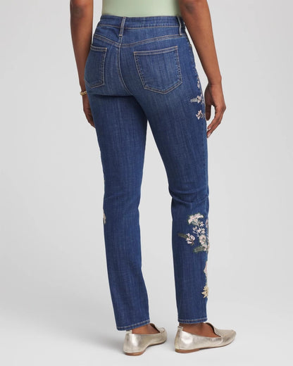 Chico's Women | Appliqué Girlfriend Slim Ankle Jeans DRAGON ROAD INDIGO