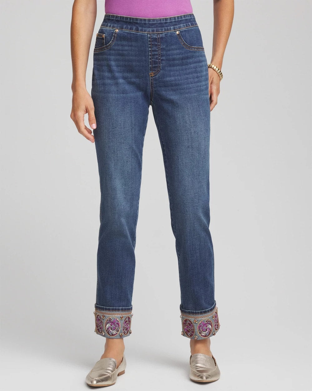 Chico's Women | Embellished Pull-On Slim Ankle Jeggings BUTTERCUP INDIGO