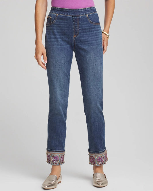 Chico's Women | Embellished Pull-On Slim Ankle Jeggings BUTTERCUP INDIGO