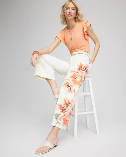Chico's Women | Floral High-Rise Wide-Leg Cropped Jeans SEA SALT