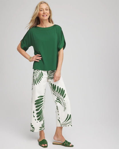 Chico's Women | Palm-Frond-Motif Pull-On Wide-Leg Cropped Jeans ECRU