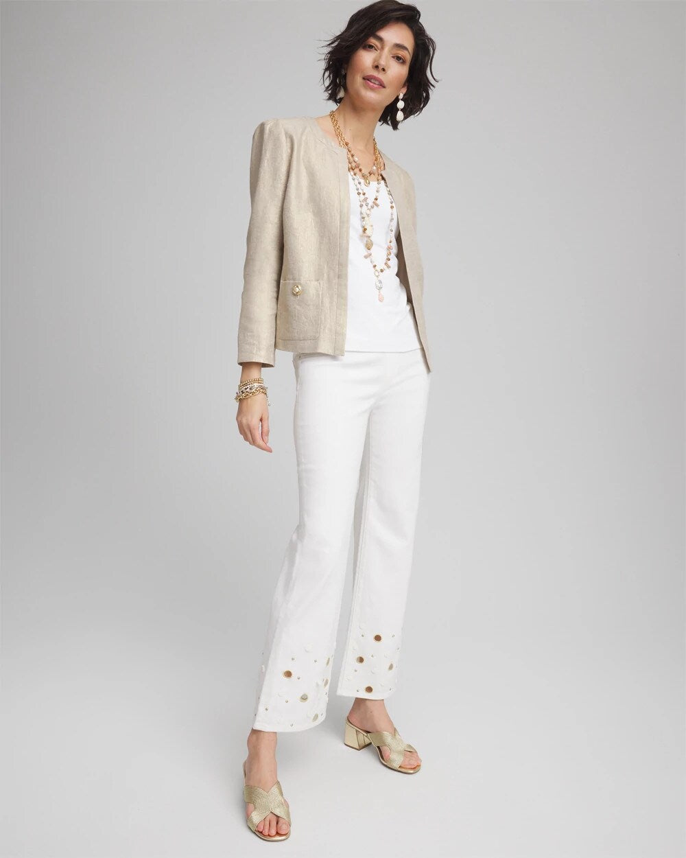 Chico's Women | Pull-On Embellished Straight-Leg Cropped Jeans ALABASTER