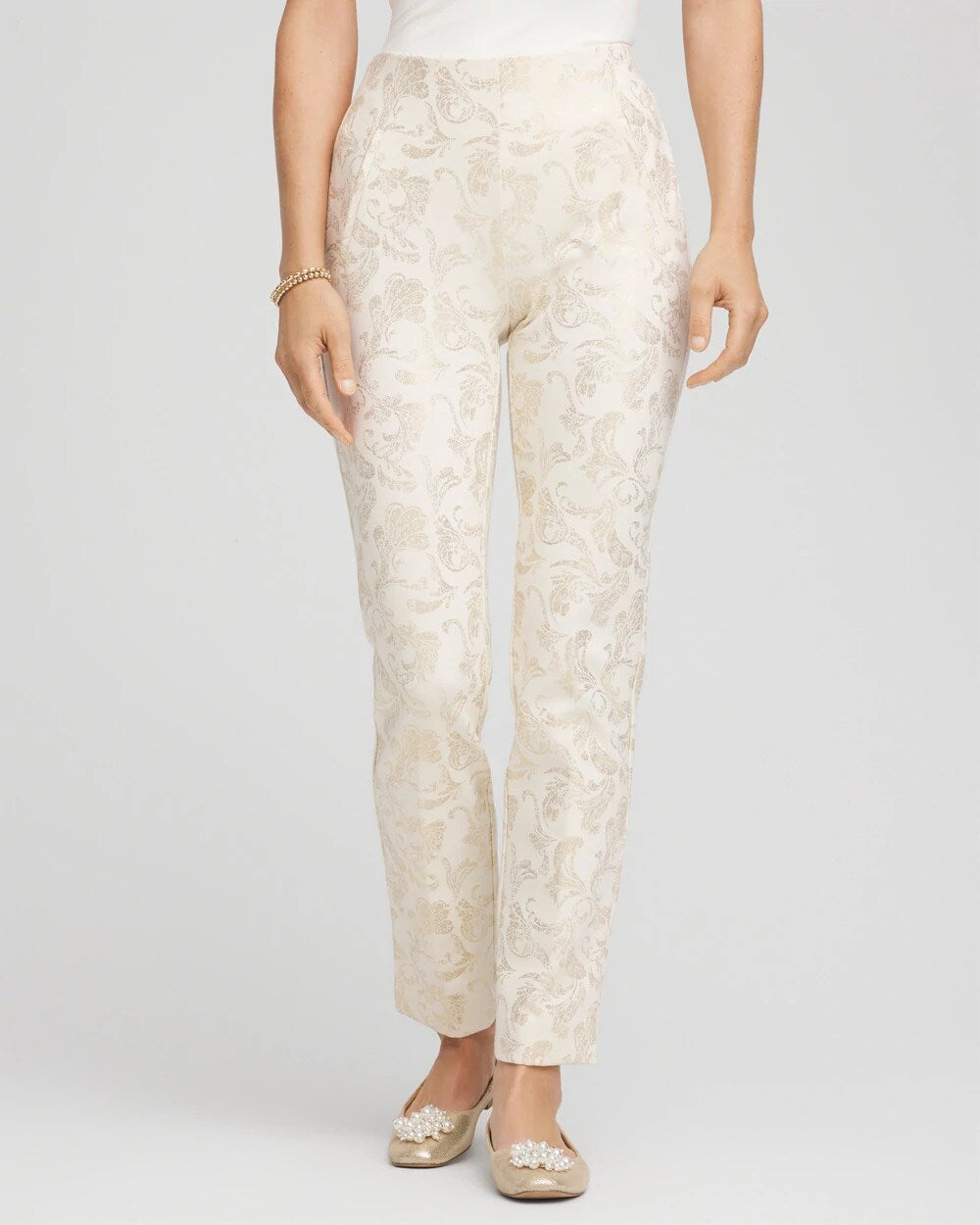 Chico's Women | Juliet Golden Foiled Slim Ankle Pants ENGLISH CREAM