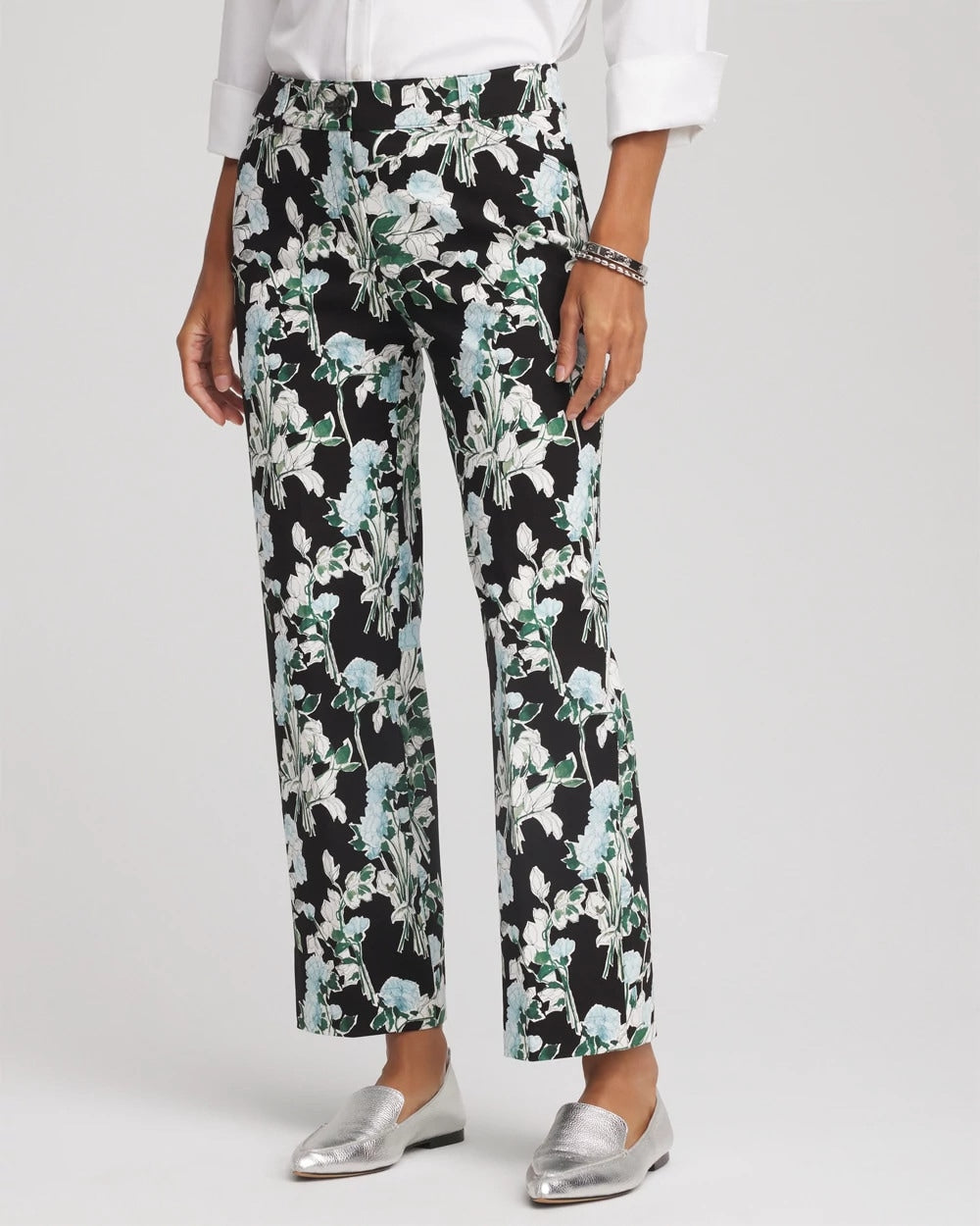 Chico's Women | Floral Emme Straight Ankle Pants BLACK