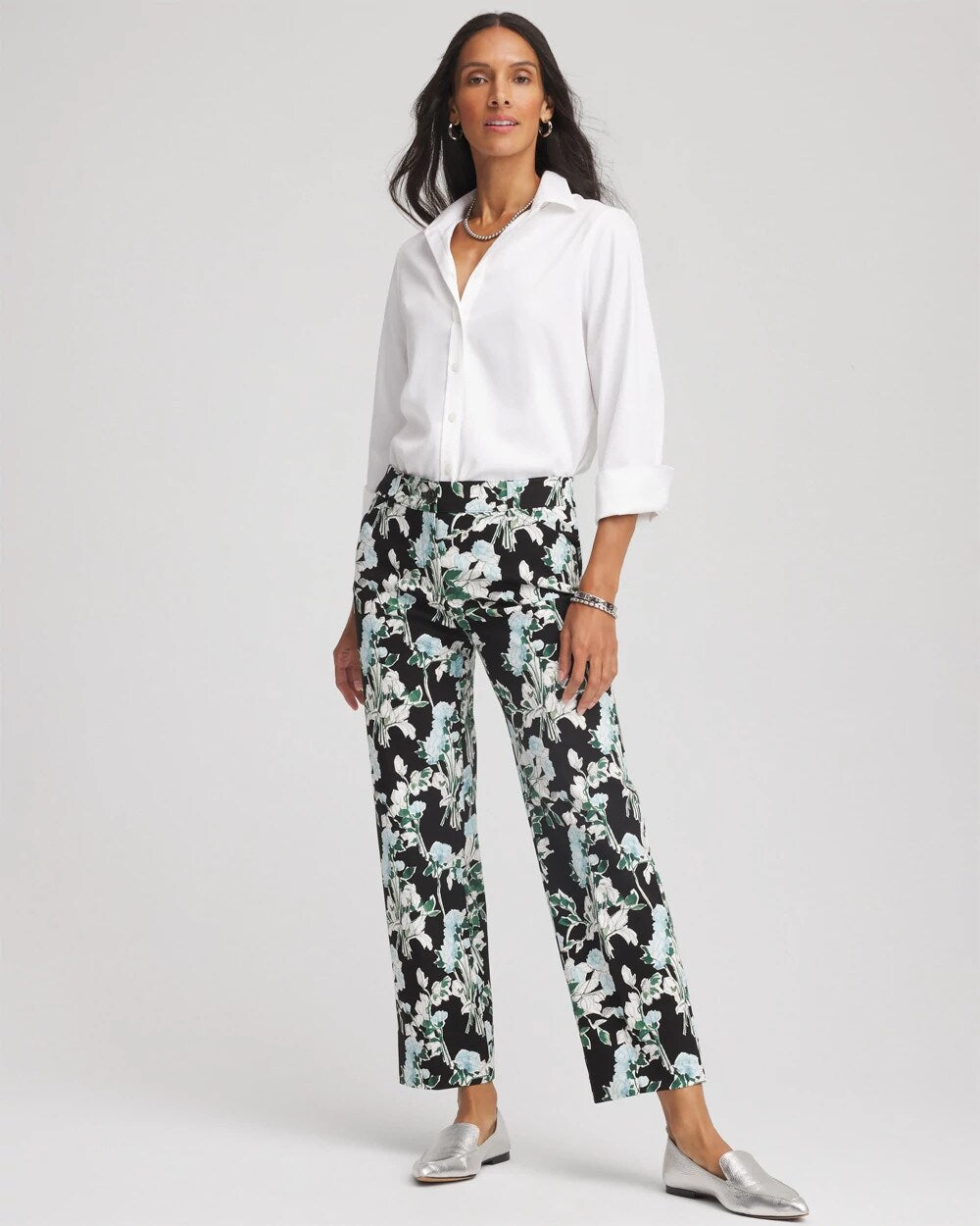 Chico's Women | Floral Emme Straight Ankle Pants BLACK