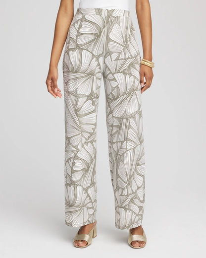 Chico's Women | Travelers™ Abstract Leaf Print Knit Wide-Leg Pants DUSTY OLIVE